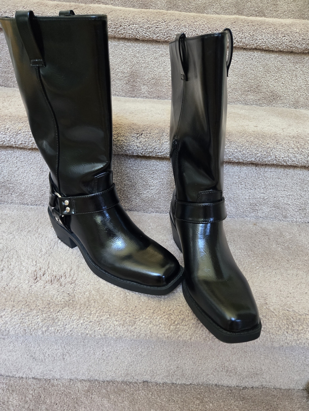 ThisTime and Tru Women's Faux Leather Tall Moto Harness Boot,